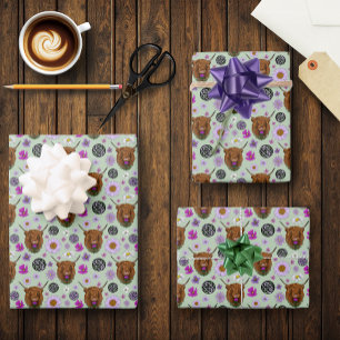 Highland Scottish Cow Purple Celtic Thistle Wrapping Paper Sheet