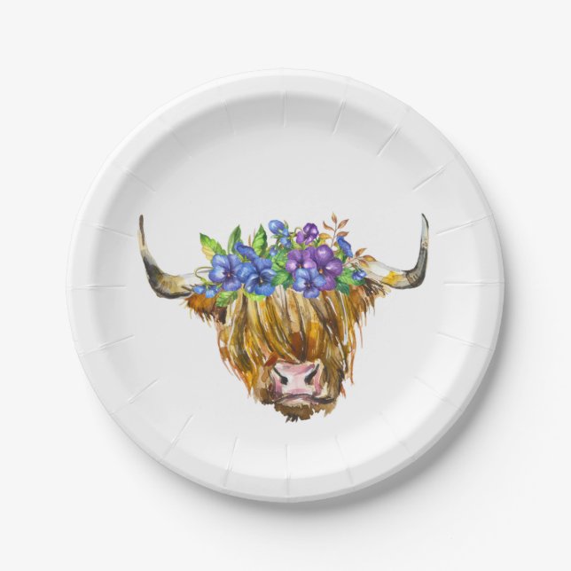 Highland Scottish Cow with Flowers Watercolor Paper Plate (Front)