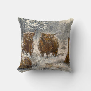 Highland Soul: Whimsical Snowy Cows Vintage Cushion