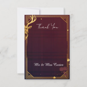 Highland Stag Burgundy Gold Wedding Thank You Card