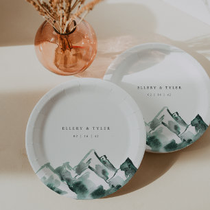 Highland Watercolor Mountain Wedding Paper Plate