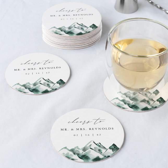 Highland | Watercolor Mountain Wedding Round Paper Coaster (Creator Uploaded)