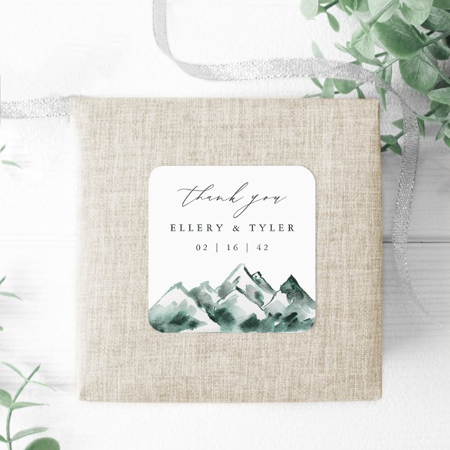 Highland | Watercolor Mountain Wedding Thank You Square Sticker (Creator Uploaded)