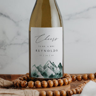 Highland Watercolor Mountain Wedding Wine Label