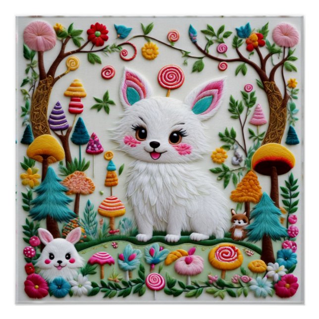 Highly Textured Embroidery Kawaii Animals Pattern Poster (Front)