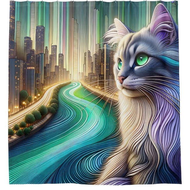 “Highrise Cat with Waterscape View” Shower Curtain (Front)