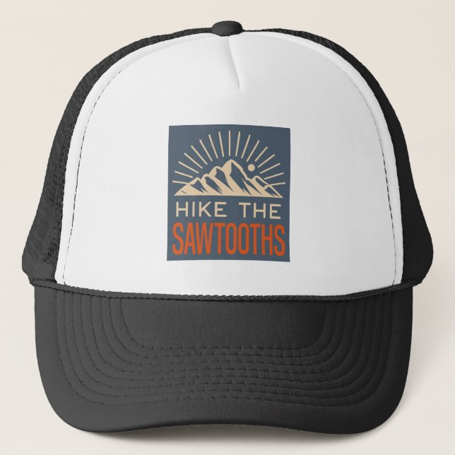 Hike The Sawtooths Idaho Sunburst Trucker Hat (Front)