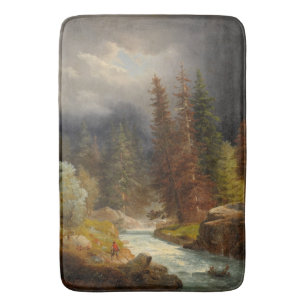 Hiker Beside a Torrential River Bath Mat