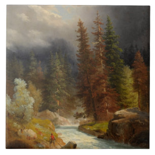 Hiker Beside a Torrential River in a German Forest Tile