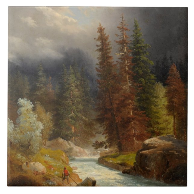 Hiker Beside a Torrential River in a German Forest Tile (Front)