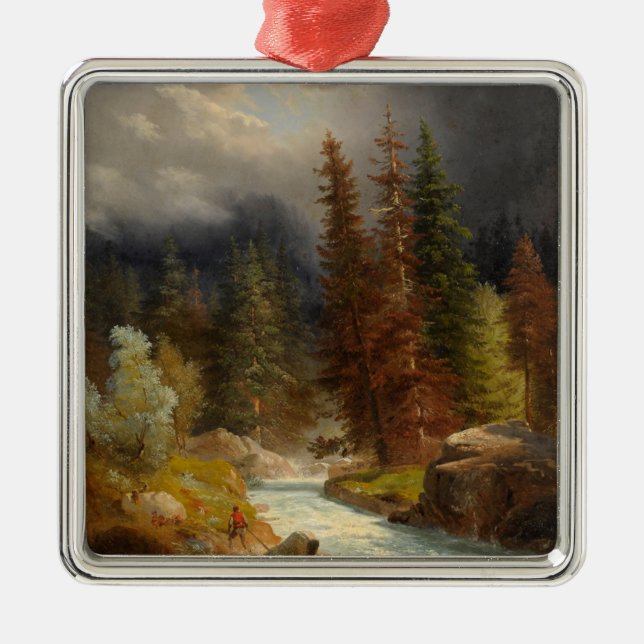 Hiker Beside a Torrential River Metal Tree Decoration (Front)
