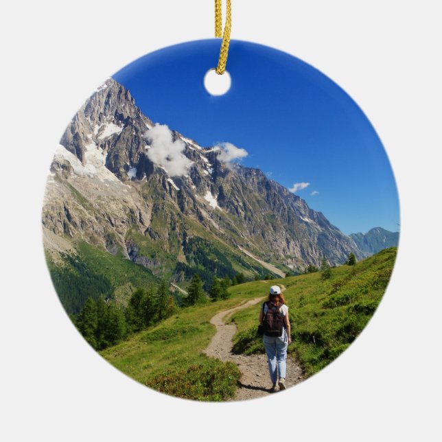 hiker in Ferret Valley, Italy Ceramic Tree Decoration (Front)