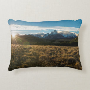 Hiker Looking At Fitz Roy Mountains, Patagonia Decorative Cushion