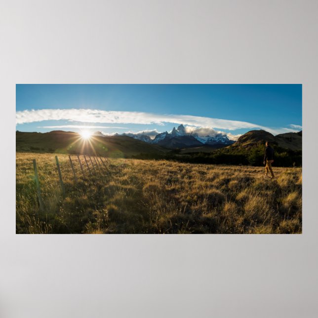 Hiker Looking At Fitz Roy Mountains, Patagonia Poster (Front)