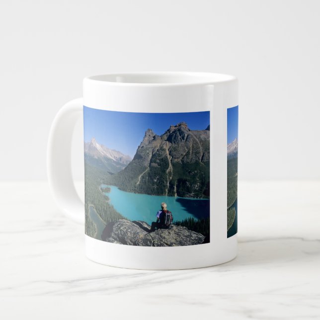 Hiker overlooking turquoise-coloured Lake Large Coffee Mug (Front Left)