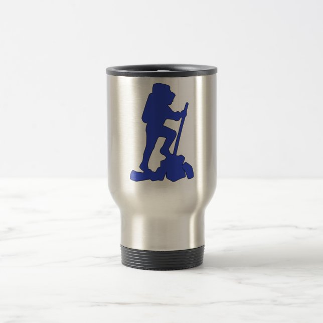 Hiker Silhouette Emblem Graphic Design Backpacker Travel Mug (Center)
