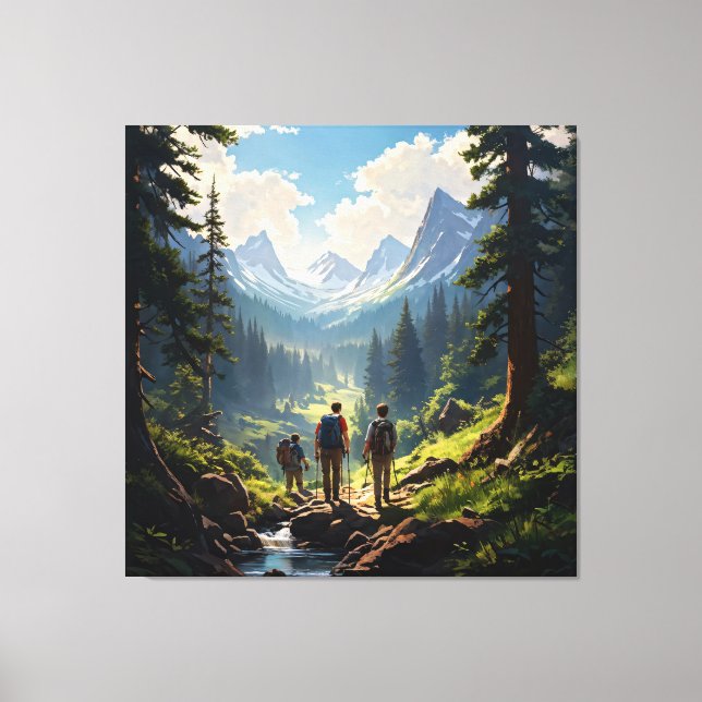 hikers explorers navigating through the forest canvas print (Front)