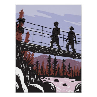 Hikers on Wawona Swinging Bridge in Yosemite WPA Poster