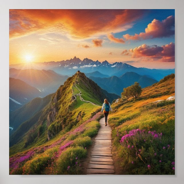 Hiker's Path to Serenity – Scenic Mountain Sunrise Poster (Front)