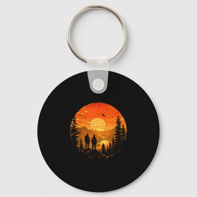 Hikers sunset mountain lake backpacking trek key ring (Front)