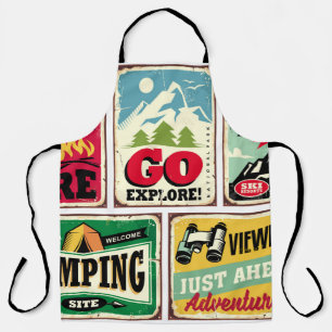 Hiking and camping retro signs collection. Outdoor Apron