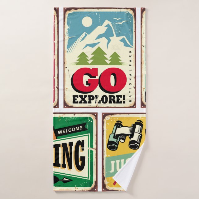 Hiking and camping retro signs collection. Outdoor Bath Towel (Bath Towel)