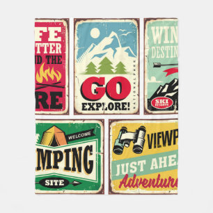 Hiking and camping retro signs collection. Outdoor Fleece Blanket