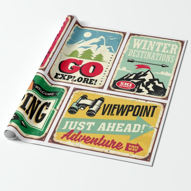 Hiking and camping retro signs collection. Outdoor Wrapping Paper (Unrolled)
