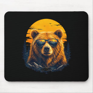 Hiking bear with sunglasses retro mountain art mouse mat