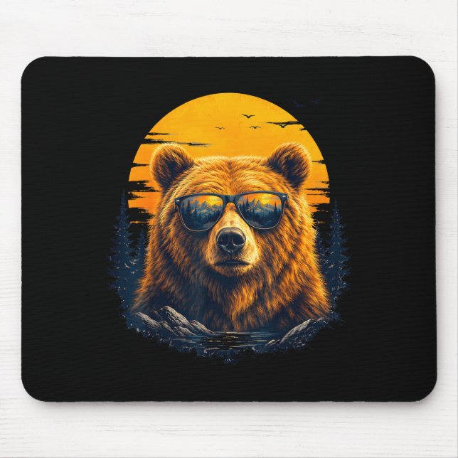 Hiking bear with sunglasses retro mountain art mouse mat (Front)