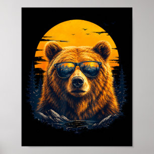 Hiking bear with sunglasses retro mountain art poster