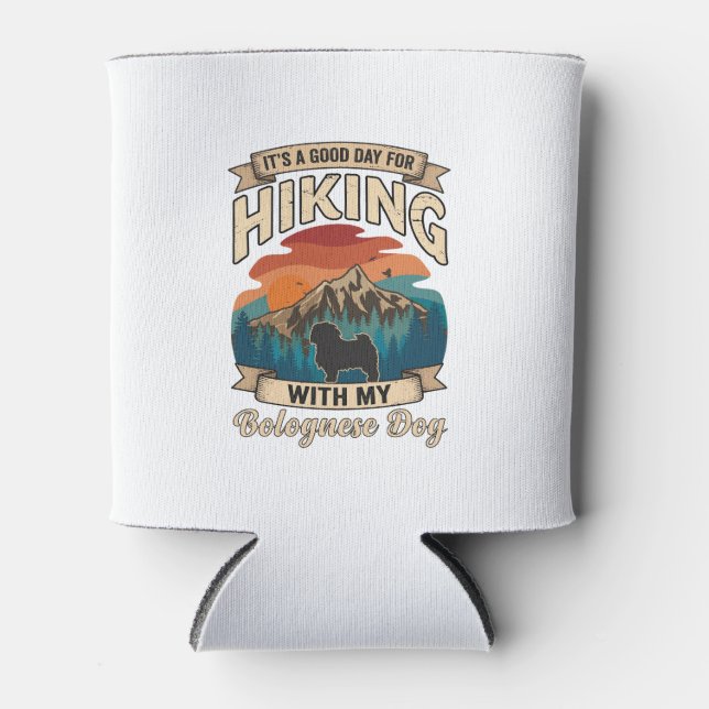 Hiking Bolognese Dog Mountains Sunset Can Cooler (Front)