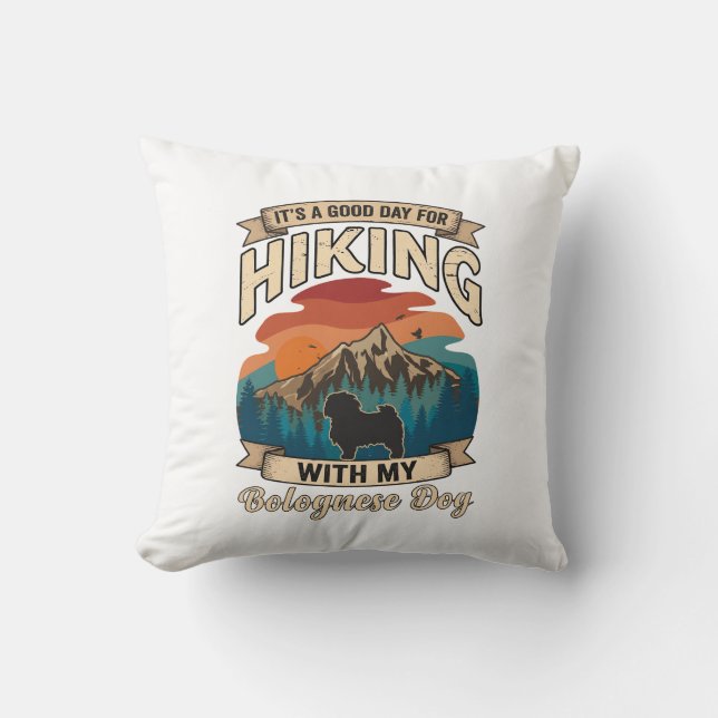Hiking Bolognese Dog Mountains Sunset Cushion (Front)