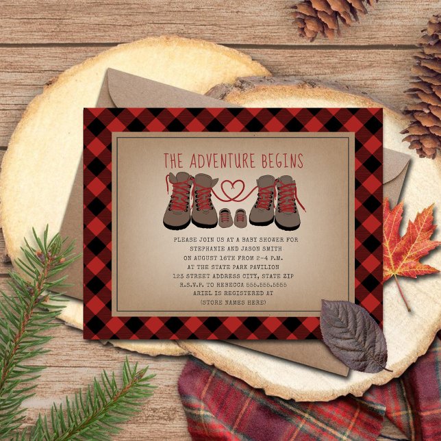 Hiking Boots Adventure Buffalo Plaid Baby Shower Invitation (Creator Uploaded)