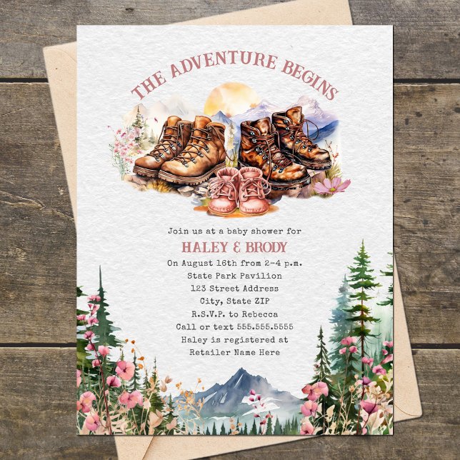 Hiking Boots Adventure Pink Girl Baby Shower Invitation (Creator Uploaded)