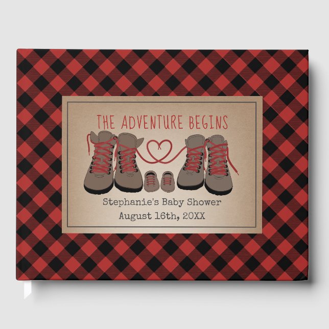 Hiking Boots Buffalo Plaid Adventure Baby Shower Guest Book (Front)