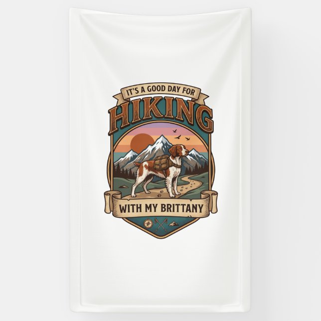 Hiking Brittany Dog Backpack Mountains Banner (Vertical)
