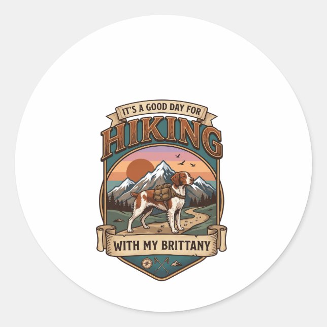 Hiking Brittany Dog Backpack Mountains Classic Round Sticker (Front)
