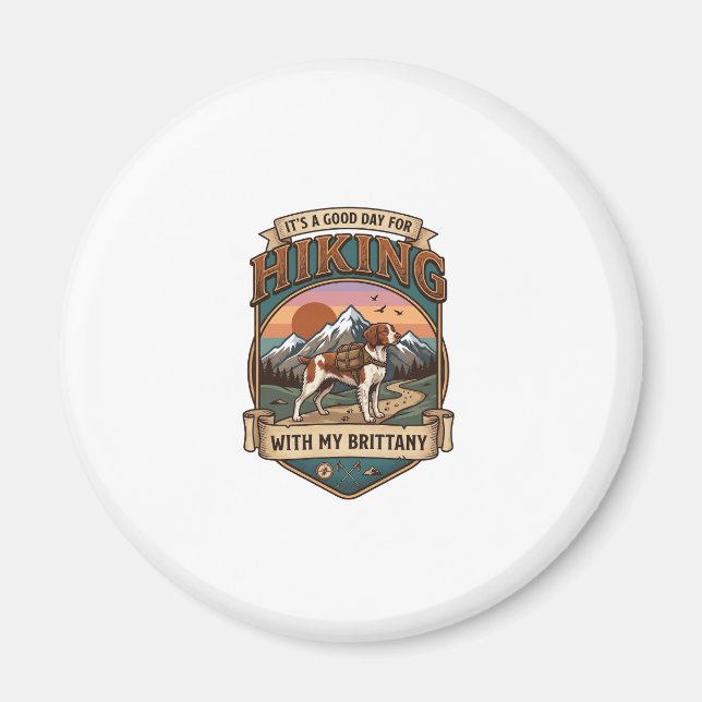 Hiking Brittany Dog Backpack Mountains Magnet (Front)
