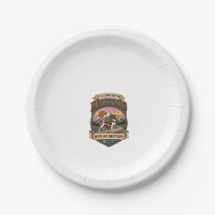 Hiking Brittany Dog Backpack Mountains Paper Plate