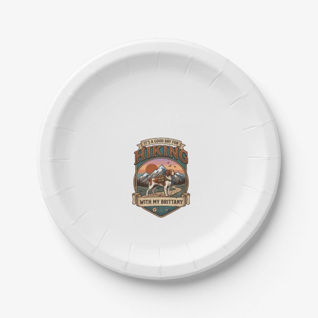 Hiking Brittany Dog Backpack Mountains Paper Plate (Front)
