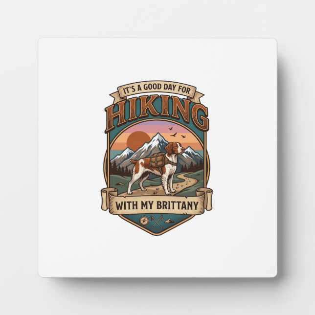 Hiking Brittany Dog Backpack Mountains Plaque (Front)