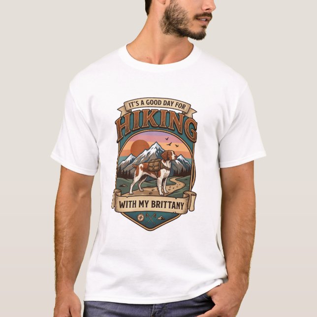 Hiking Brittany Dog Backpack Mountains T-Shirt (Front)