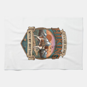 Hiking Brittany Dog Backpack Mountains Tea Towel