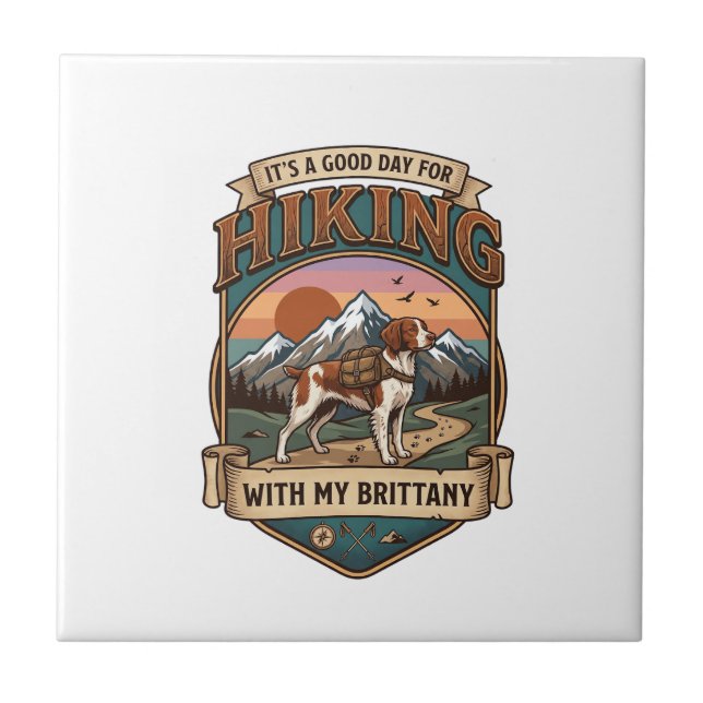Hiking Brittany Dog Backpack Mountains Tile (Front)