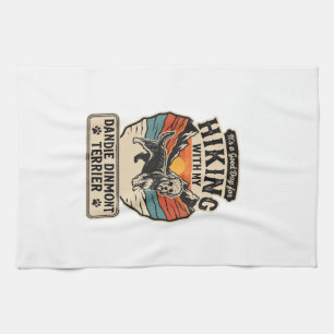 Hiking Dandie Dinmont Terrier Dog Mountain Sunset Tea Towel
