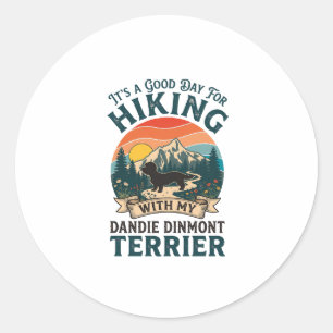 Hiking Dandie Dinmont Terrier Dog Mountains Sunset Classic Round Sticker