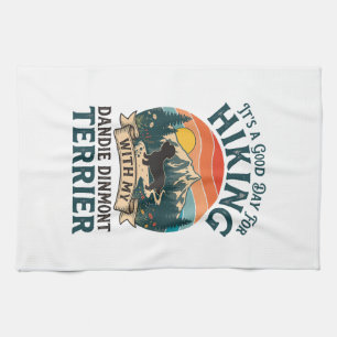 Hiking Dandie Dinmont Terrier Dog Mountains Sunset Tea Towel