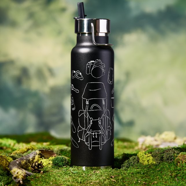 Hiking Essentials Line Art | Thor Insulated Black  Water Bottle (Outdoor)