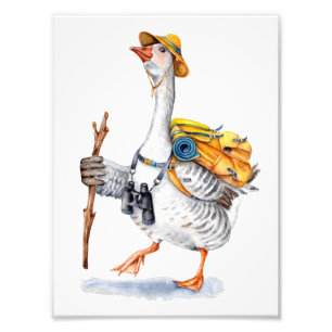 Hiking Goose with Backpack and Binoculars Photo Print